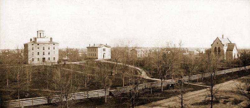 Beloit College campus in 1873. From left are Memorial Hall, South College, and Middle College.